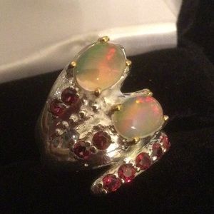 Stunning Genuine Rainbow Opal & Garnet Ring
